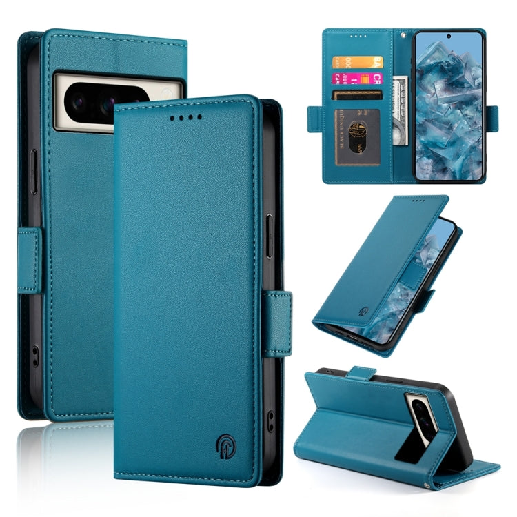 Blue frosted leather phone case with side buckle, magnetic closure, card slot and stand