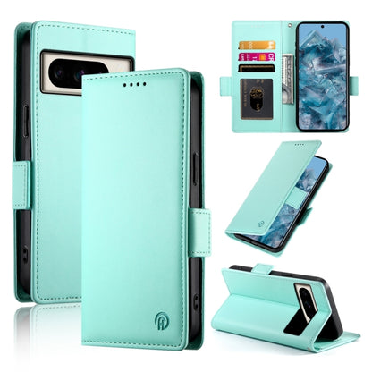 Mint green frosted leather phone case with side buckle, magnetic closure, card slot cover