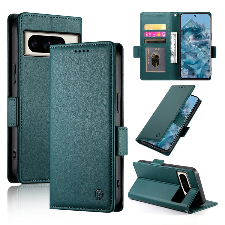 Dark green frosted leather phone case with side buckle, magnetic closure, card slot and stand