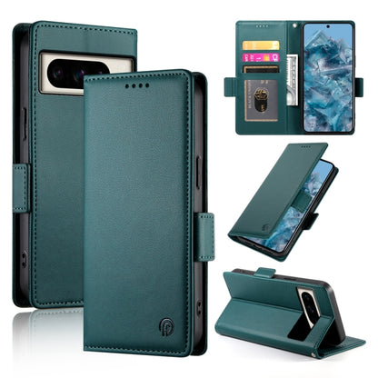Dark green frosted leather phone case with side buckle, magnetic closure, card slot and stand
