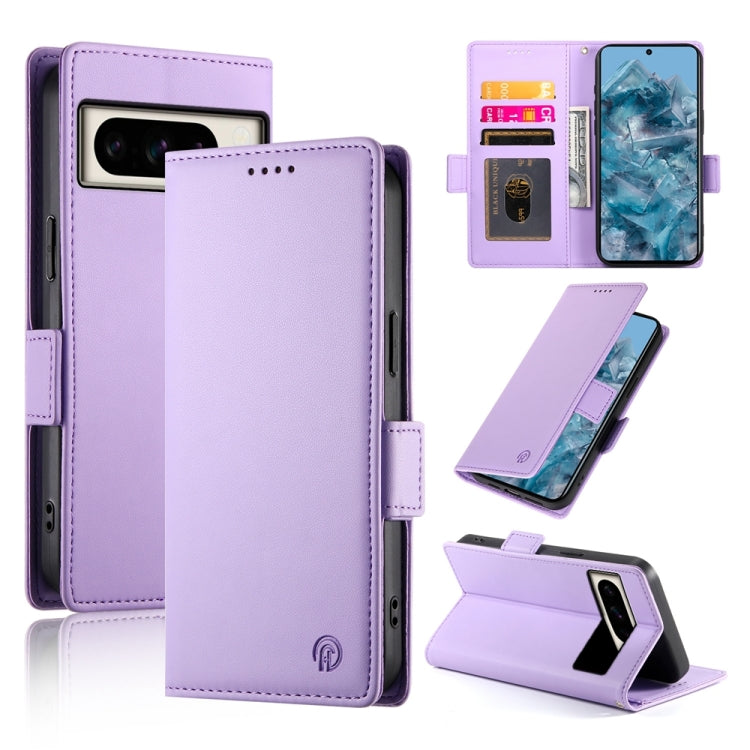 Purple frosted leather phone case with side buckle, magnetic closure, card slot cover