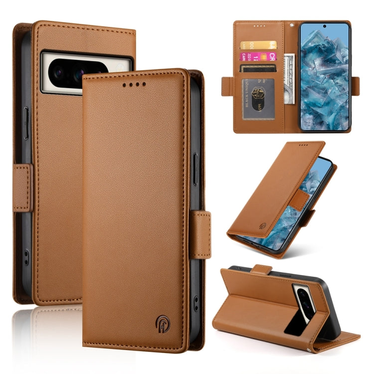 Brown frosted leather phone case with side buckle, magnetic closure, card slot and stand