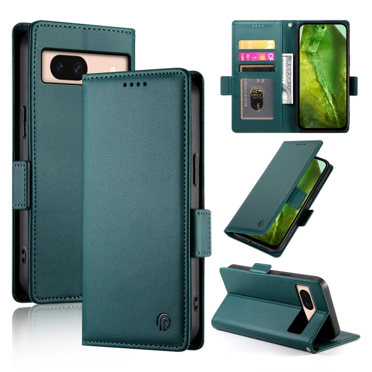 Magnetic side-buckle frosted leather phone case in deep teal, with card slot and kickstand