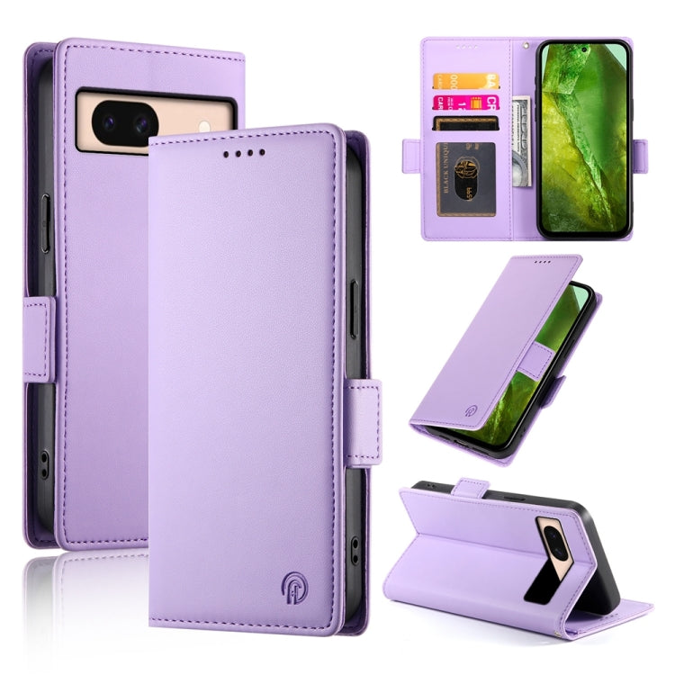 Magnetic side-buckle frosted leather phone case in lavender, with card slot and kickstand