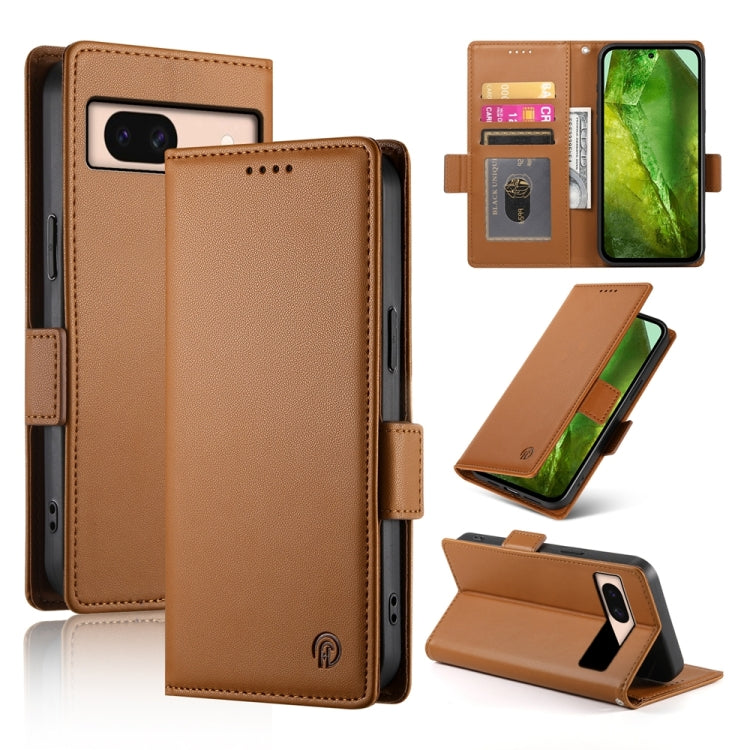 Magnetic side-buckle frosted leather phone case in tan brown, with card slot and kickstand