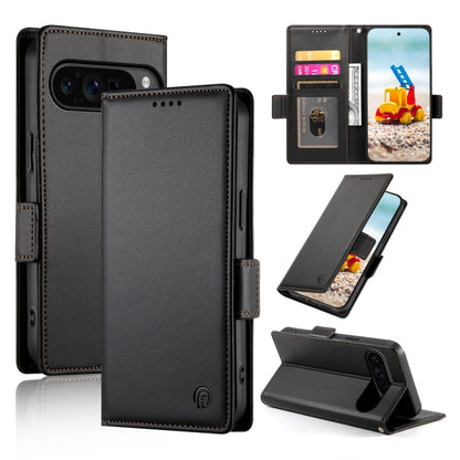 Magnetic wallet phone case with frosted leather finish, side buckle closure, dark gray-black