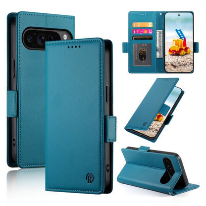 Magnetic wallet phone case with frosted leather finish, side buckle closure, ocean blue