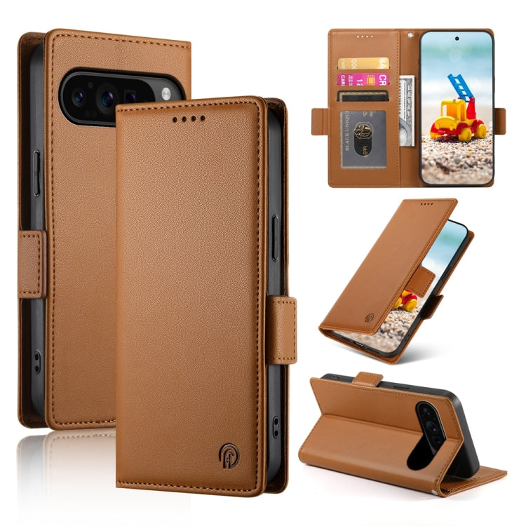 Magnetic frosted leather phone case with side buckle, tan brown
