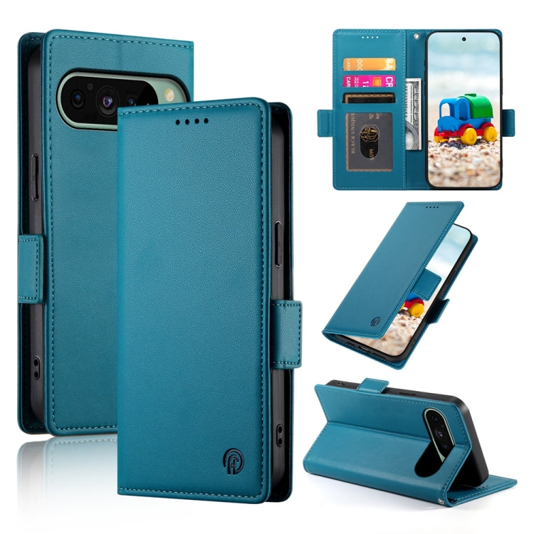 Magnetic frosted leather phone case with side buckle, light blue teal