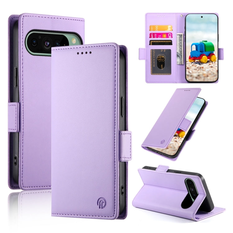Magnetic side-buckle frosted leather phone case in lavender, with card slot and kickstand