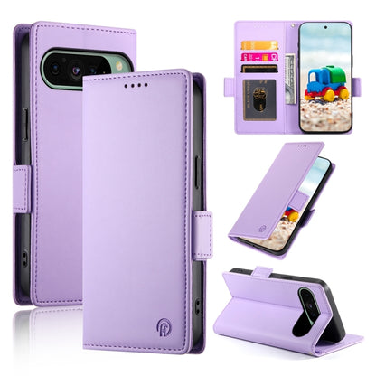 Magnetic side-buckle frosted leather phone case in lavender, with card slot and kickstand