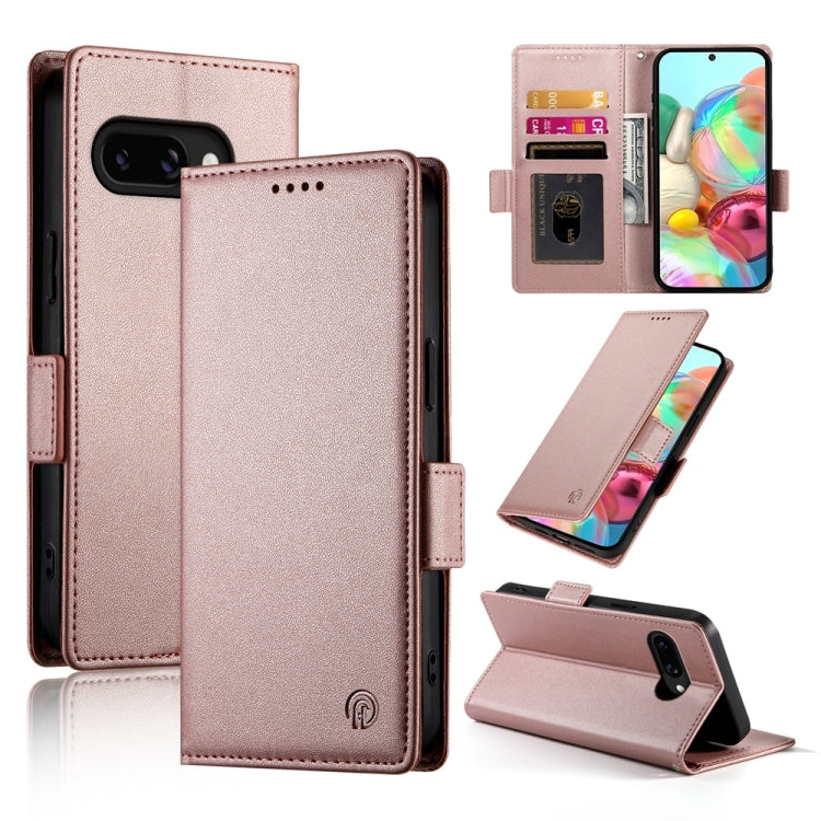 Rose gold magnetic flip phone case with side buckle, frosted leather texture, card slots and stand