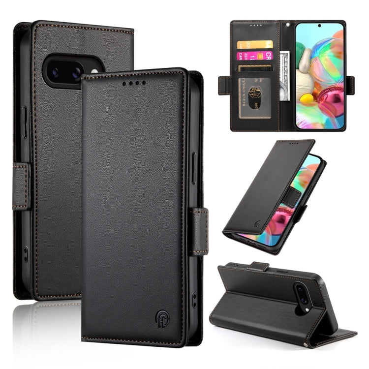 Black magnetic flip phone case with side buckle, frosted leather texture, card slot and kickstand