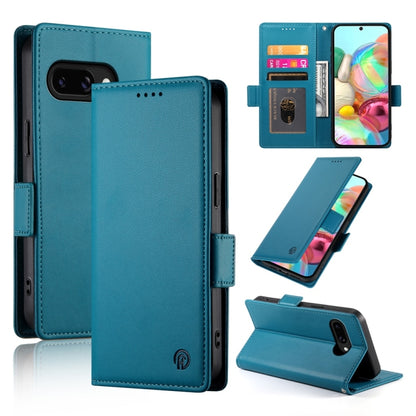 Magnetic wallet phone case with frosted leather finish, side buckle closure, teal blue