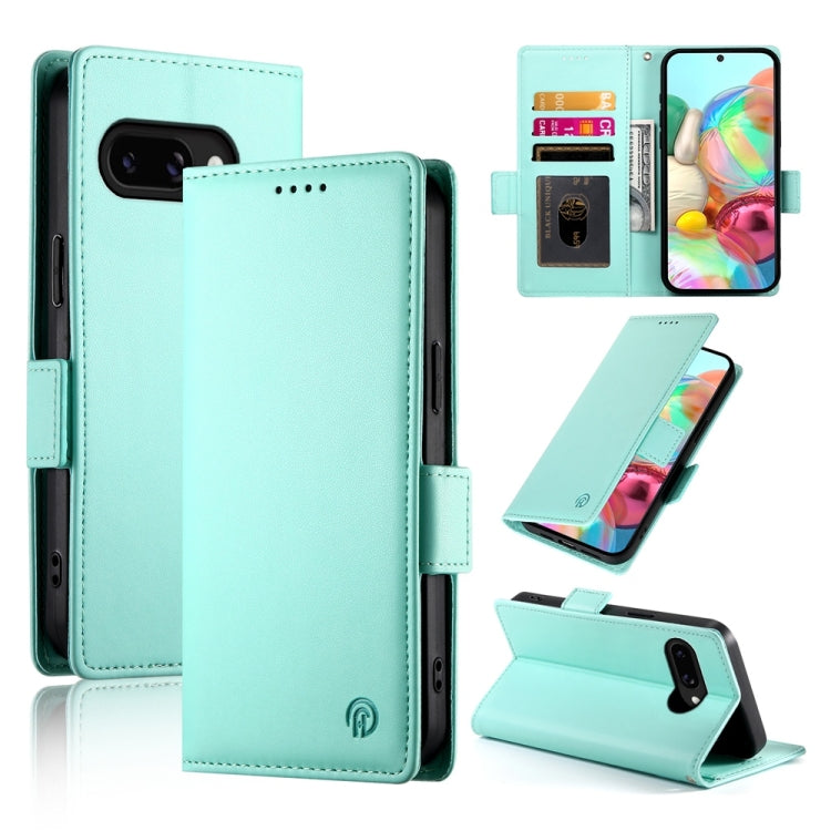 Magnetic wallet phone case with frosted leather finish, side buckle closure, mint green