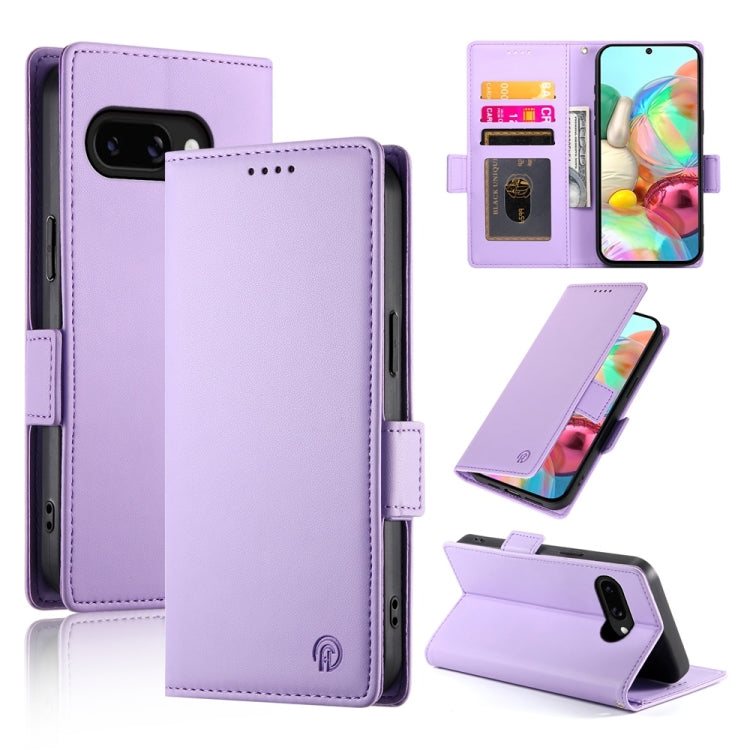 Magnetic wallet phone case with frosted leather finish, side buckle closure, lilac purple