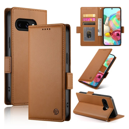 Magnetic wallet phone case with frosted leather finish, side buckle closure, warm brown