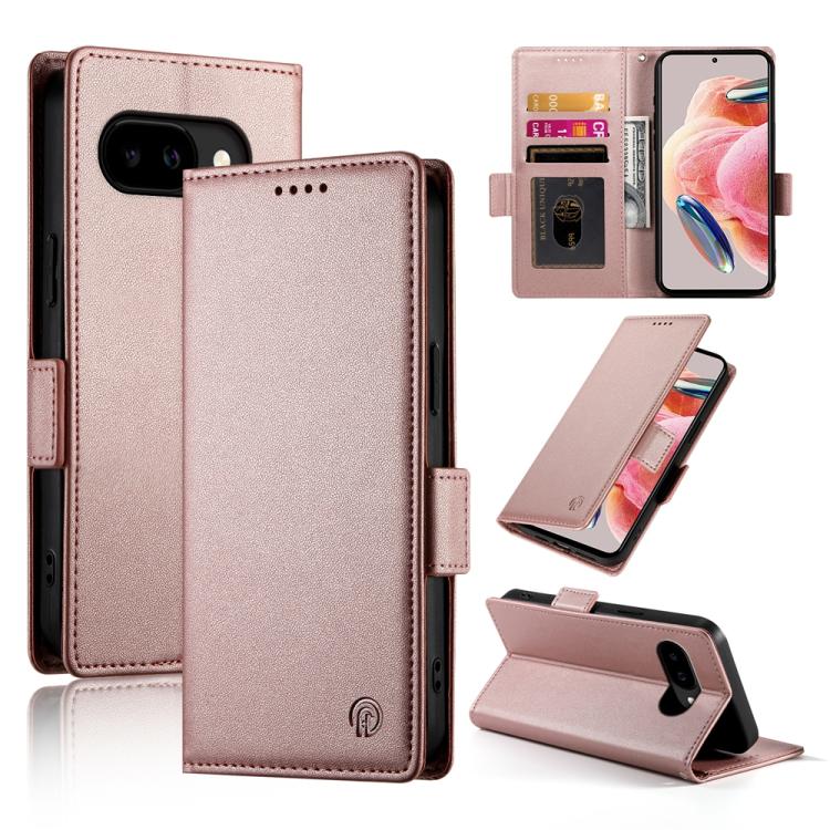 Rose gold magnetic flip phone case with side buckle, frosted leather finish, card slots and stand