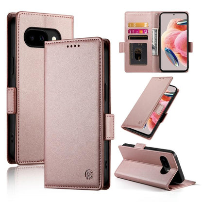 Rose gold magnetic flip phone case with side buckle, frosted leather finish, card slots and stand