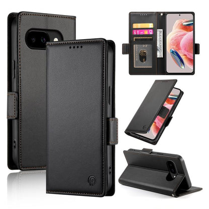 Black magnetic flip phone case with side buckle, frosted leather finish, card slot and kickstand