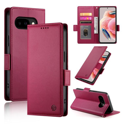 Wine red magnetic flip phone case with side buckle, frosted leather texture, card slots and stand