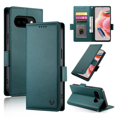 Dark green magnetic flip phone case with side buckle, frosted leather finish, card slot and kickstand