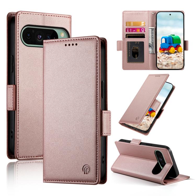 Magnetic frosted leather phone case with side buckle, rose pink flip cover and card slot