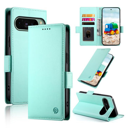 Magnetic frosted leather phone case with side buckle, light mint flip cover and card slot