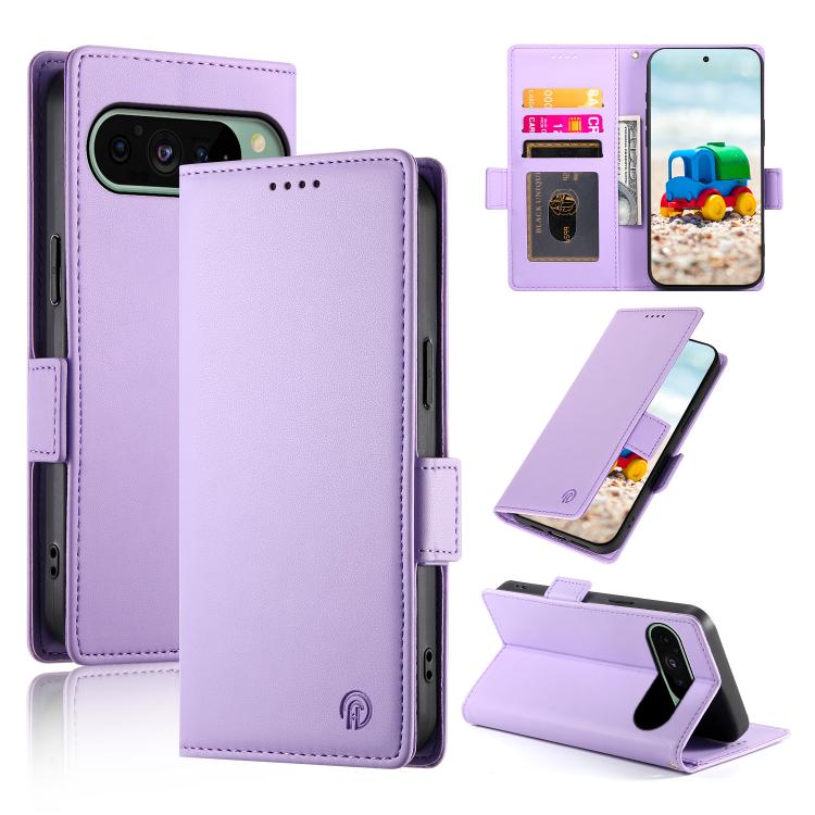 Magnetic frosted leather phone case with side buckle, light purple flip cover and card slot
