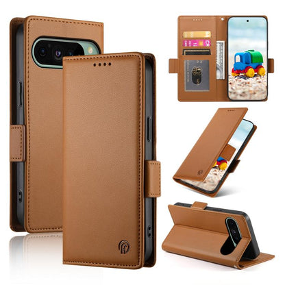 Magnetic frosted leather phone case with side buckle, tan flip cover and card slot