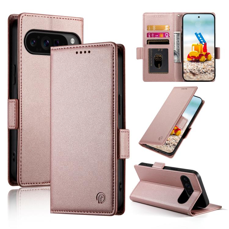 Rose pink frosted leather phone case with side buckle, flip cover, and card slots.