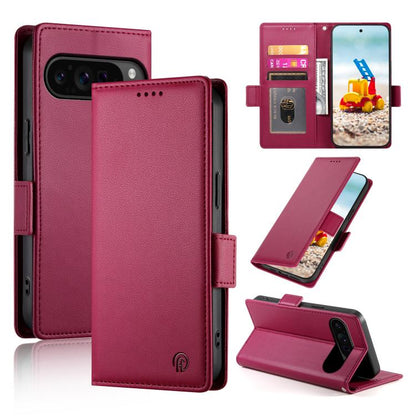 Magenta frosted leather phone case with side buckle, flip cover, and card slots.
