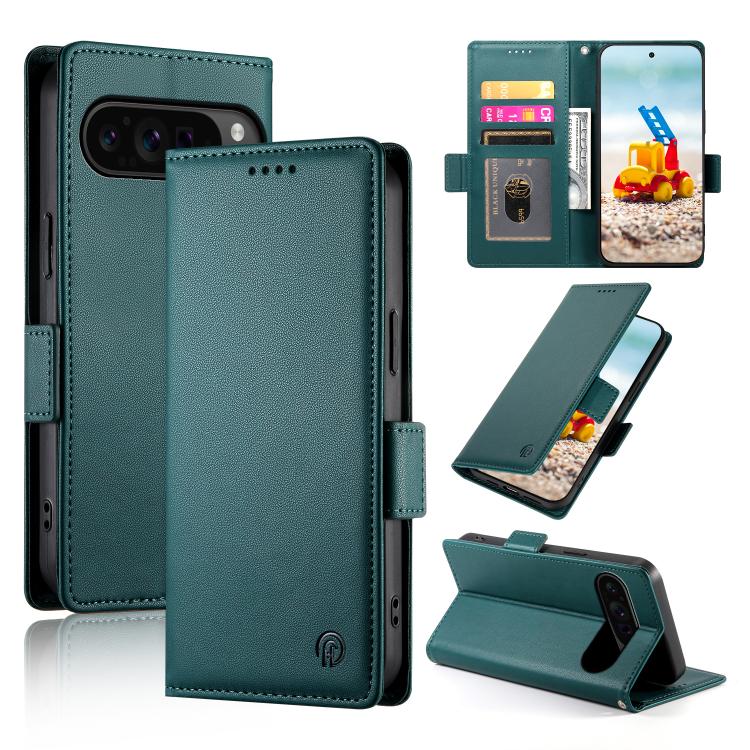 Teal frosted leather phone case with side buckle, flip cover, and card slots.