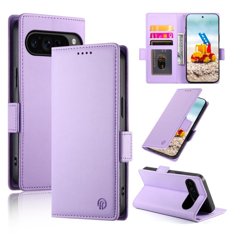 Magnetic frosted leather phone case with side buckle, lavender flip cover and card slot