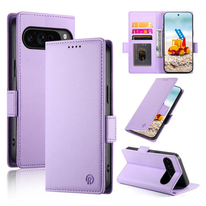 Magnetic frosted leather phone case with side buckle, lavender flip cover and card slot