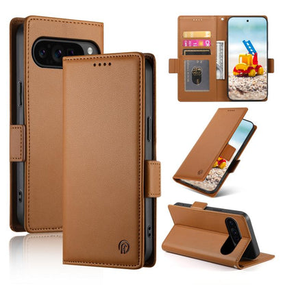 Magnetic frosted leather phone case with side buckle, brown flip cover and card slot