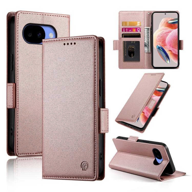 Rose gold frosted leather wallet phone case with side buckle magnetic closure and card slots