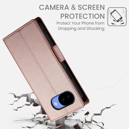 Rose gold frosted leather phone case with secure side strap and camera protection