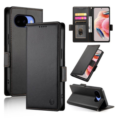 Black frosted leather wallet phone case with side buckle magnetic closure and card slot area