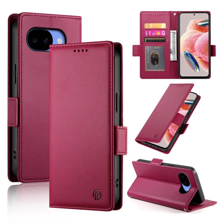 Wine red frosted leather wallet phone case with side buckle magnetic closure and card slots