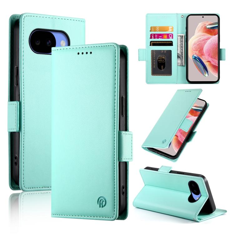 Mint frosted leather phone case with side buckle, flip cover, and card slots.