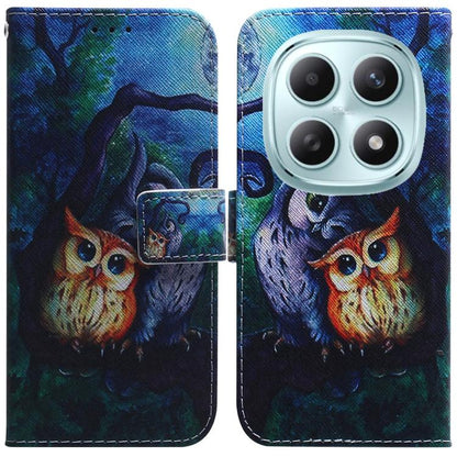 Printed flip phone case with owl artwork, dark blue fabric with stitched flap.