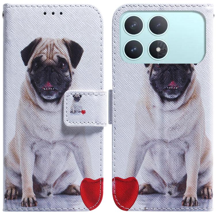 White flip leather phone case with dog portrait and red heart accents, magnetic clasp.