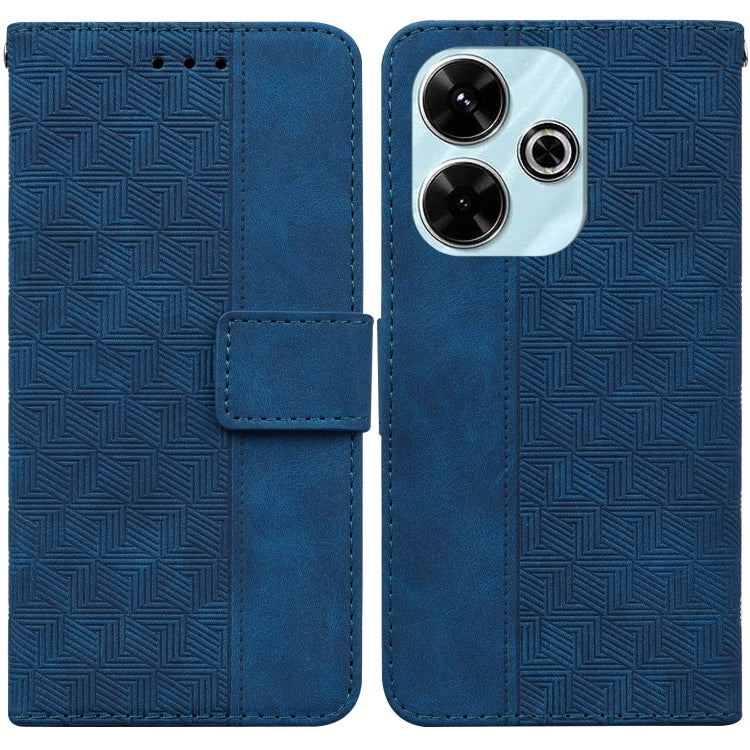 Blue geometric embossed leather phone wallet case with side card slot and triple camera cutout