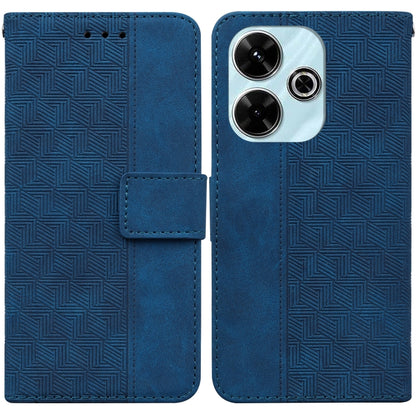 Blue geometric embossed leather phone wallet case with side card slot and triple camera cutout