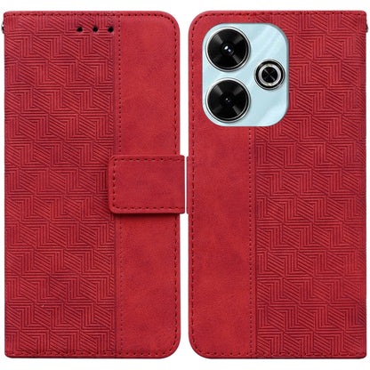 Geometric embossed leather phone case with flip cover, red, front camera cutout.