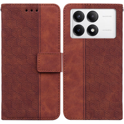 Geometric embossed leather phone case with flip cover, brown/tan, side button openings.