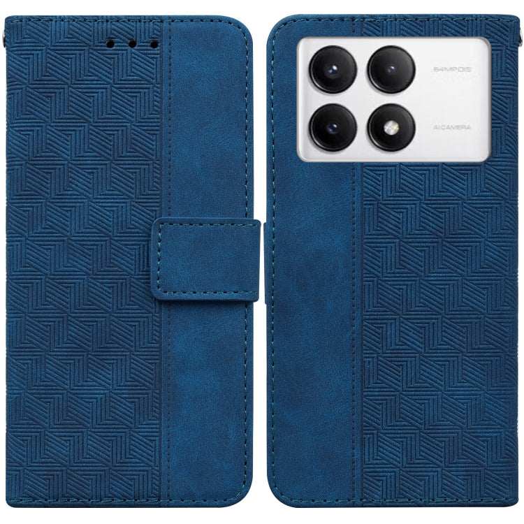 Geometric embossed leather phone case with flip cover, blue, raised camera protection.