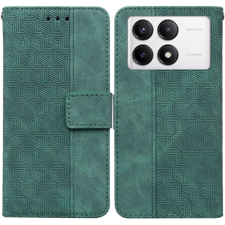 Geometric embossed leather phone case with flip cover, green, magnetic closure tab.