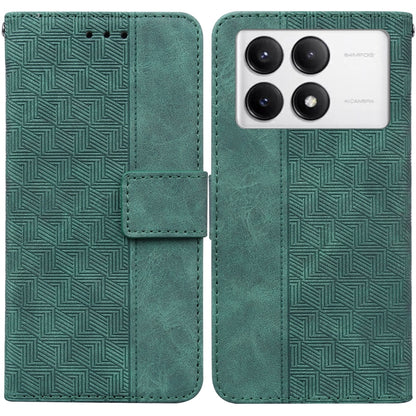 Geometric embossed leather phone case with flip cover, green, magnetic closure tab.